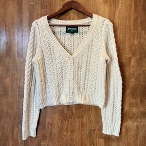 American Eagle Sweater Cream Cable Knit V Neck Cropped Cardigan Sweater M Medium